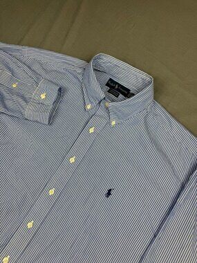 VTG Ralph Lauren Yarmouth Button Down Shirt Mens 17.5 34/35 Stripped Blue/White
